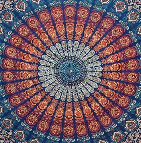 Tapestry - Bohemsk Psykedelisk Gull Blå Påfugl Mandala Veggteppe (Gull Blå)