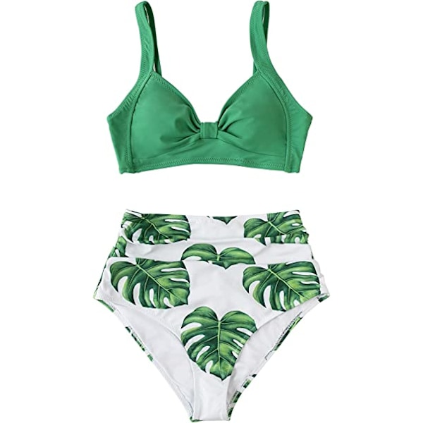 Dames Bikini Sweetheart Højtaljet Blomsterprint 2-delt Badetøj Grøn+Hvid (L)