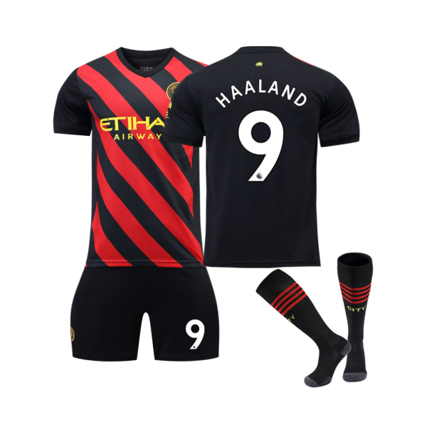 Manchester City FC 2022 / 23 26 (140 - 150 cm) Harland Away Stripe tröja storlek 9 Vuxen tröja 3-delad skjorta - svart/röd