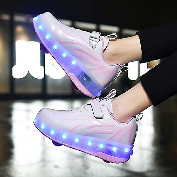 Spider-rullaluistimet valaisevat kengät USB ladattavalla LED-urheilulenkkarilla pojille tytöille lapsille syntymäpäivänä paras lahja White Pink 32