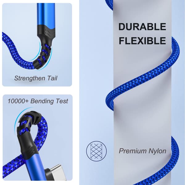 3A Hurtiglading USB-A til USB-C-kabel, 30 cm, 3-pakning, Rettvinklet 90° kontakt, Blå
