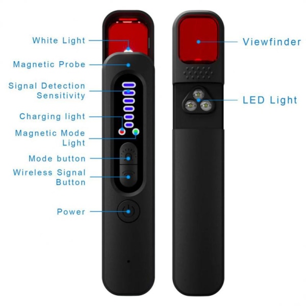 Mini Anti Spy Hidden Camera Detector Pen LED Infrarød Scanning RF Signal Detection, Sort