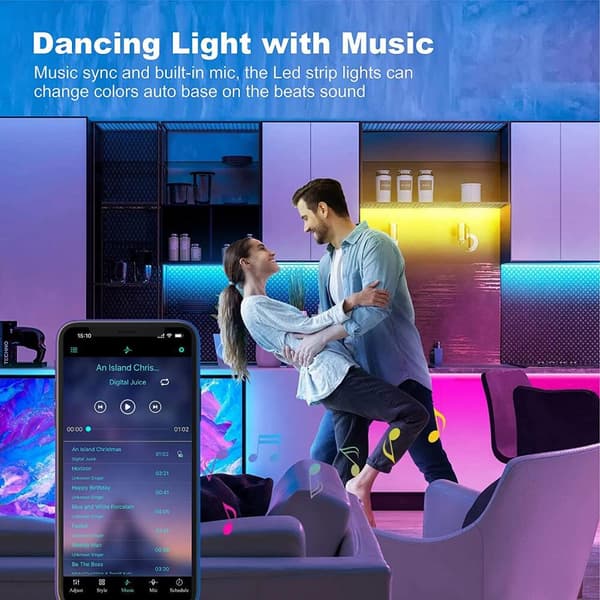 15m RGB LED Stripelys – Musikk Synkronisering, App & Fjernkontroll, Bluetooth Lyssett