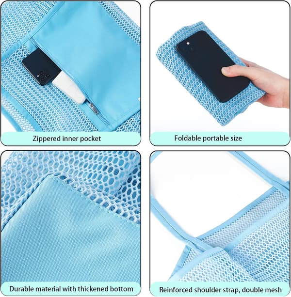 Mesh Strandtasker til Kvinder, Store Afslappede Strand Hobo Tasker til Strand Svømmebassiner Strand Essentials Blå Blå-14519