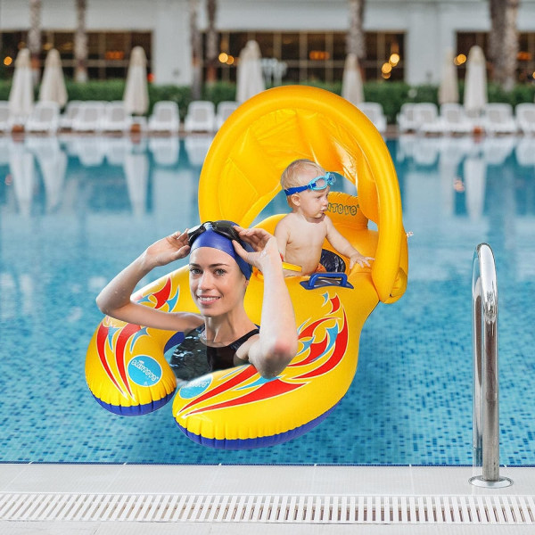 Oppustelig baby svømmering med aftagelig solsejl Baldakin svømmehjælp Oppustelig svømmering med mor og søn dobbelt cirkel