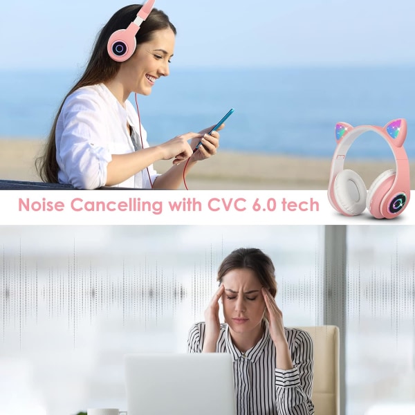 Trådlösa Bluetooth hörlurar Barnhörlurar Vikbara Cat Ear-hörlurar med stereomikrofon Barn Bluetooth Girl-hörlurar för telefoner PC (Rosa)