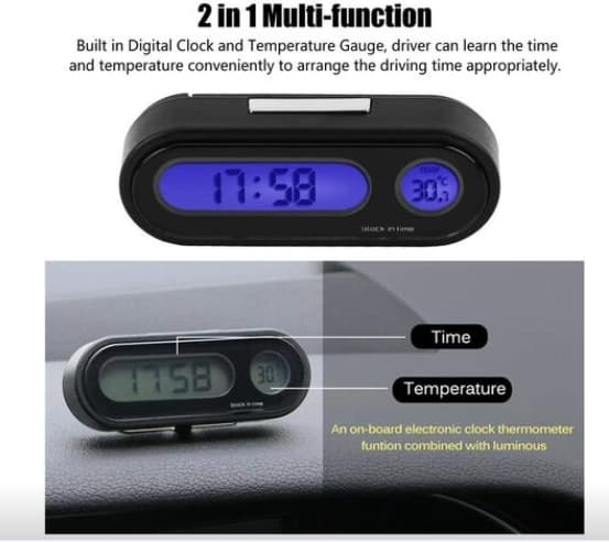 Termometer, voltmeter och klocka för bil, 2-i-1 mini elektronisk klocka för bilinteriör LED digital klocka termometer voltmeter 7,5 × två p