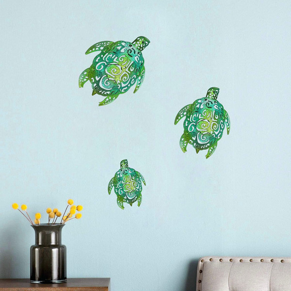 Sæt med 3 metal havskildpadde strand tema dekoration væg kunst dekorationer til indendørs udendørs badeværelse have (grøn)