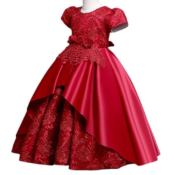 1-delt pigekjole Lang satinbroderi prinsessekjole, rød, 6-7 år gammel, højde 130 cm/4,26"