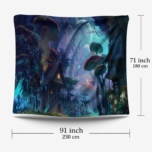 Skogshus vägghängande, psykedelisk gobeläng Fantasy Castle Svampväggtapeter, Dekoration vägghängande filt，230 x 180cm