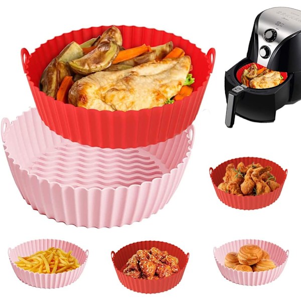 Air Fryer Silikonform, Air Fryer Tillbehör, 2 st Röd+Rosa, Återanvändbara Air Fryer Tillbehör, Mikrovågsugnsform, Ångkokare