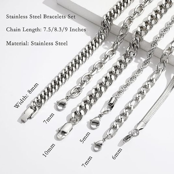 6 stk. Kædearmbånd til Mænd og Kvinder - Rustfrit Stål Kubansk Curb Link Rope Paperclip Figaro Herringbone Kædearmbåndssæt Smykkergaver