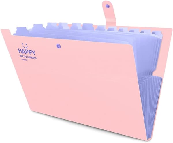 A4 Mappe Let at Bære Med Metalknapper og 12 Rum Egnet til Kontor Hjem Skole (Pink) B