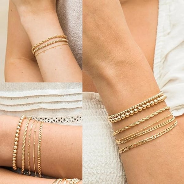 Guld Armbånd til Kvinder, Fine Armbåndssæt til Kvinder Trendy, Guld Armbånd Stak med Perler, Cuban, Paperclip, Hjerte, Slange