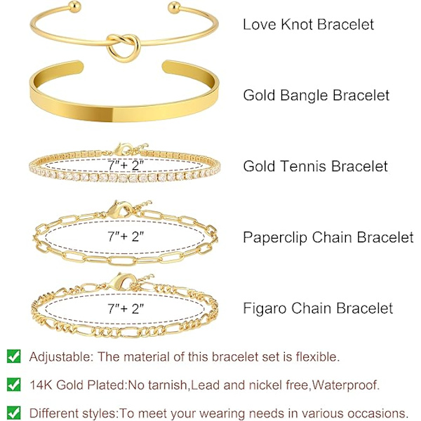 Guld Armbånd til Kvinder Stack 14K Ægte Guldbelagt Bangle Manschet Armbåndssæt Guld Perle Tennis Paperclip Cuban Link Kæde Armbånd til Kvinder