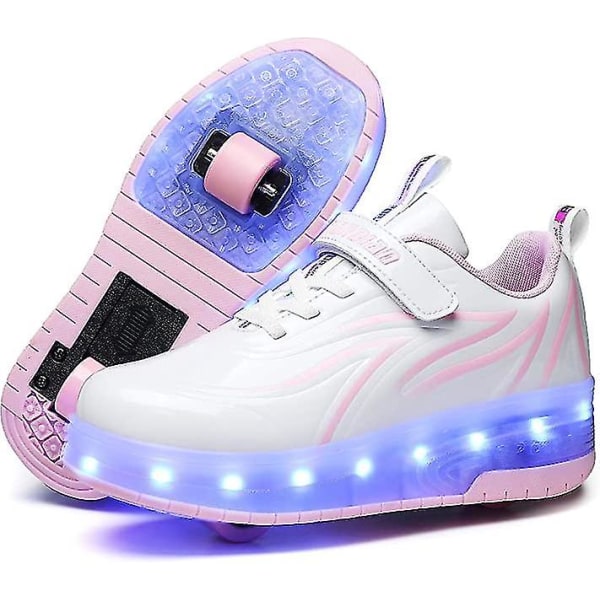 Spindelrullskridskor Lyser upp skor med USB laddningsbar led-sportsneaker för pojkar Flickor Barn Födelsedag Bästa presenten White Pink 32
