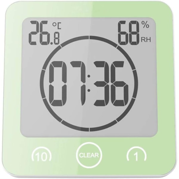 Badrumsur, Vattentät Touch Control Duschur, LCD Digital Alarm, Hygrometer Termometer, Nedräkningstimer, (Grön)