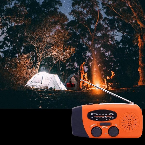 Emergency Solar Radio, Selvdrevet Krankradio med LED-lommelygte, AM/FM/WB Vejrradio med 2000mAh genopladeligt batteri, Orange