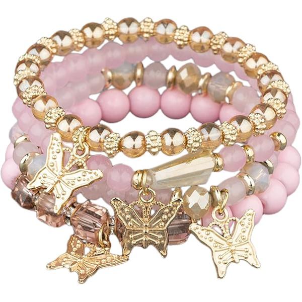 4 stk. Bohemian Butterfly Krystal Steng Armbånd til Kvinder Guld Perle Stabelbar Stræk Armbånd Farverig Charm