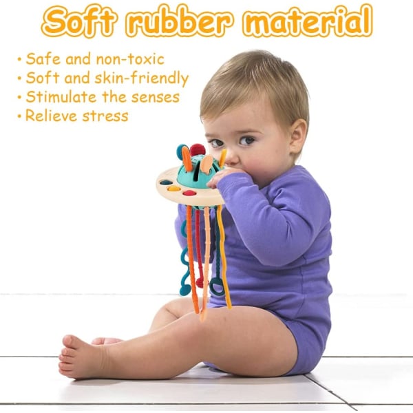 Baby Montessori-leksaker 12-18 månader, baby 6 till 12 månader, sensoriska leksaker för småbarn, UFO-matklassad silikondragsnöreaktivitetsleksak, reseleksaker