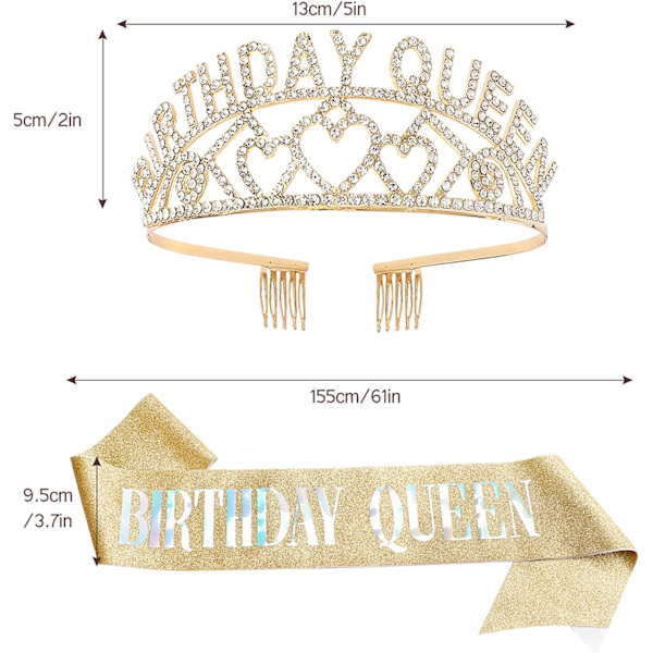 Guld Fødselsdagsdronning Rhinestone Tiara og Sash - Fødselsdagstiara og Sash Fødselsdagsfest Favoritter Glitter Fødselsdag Dekorationer (Multifarvet Bogstaver)