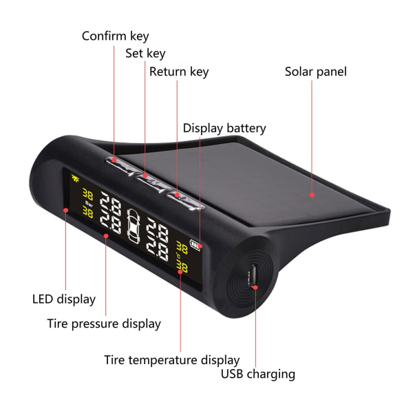 1 Sæt Smart TPMS med 4 Eksterne Sensorer Trådløs Solenergi USB Opladning Temperatur Advarsel LED Display Bil Dæktryk Alarm Overvågningssystem Køretøj Black