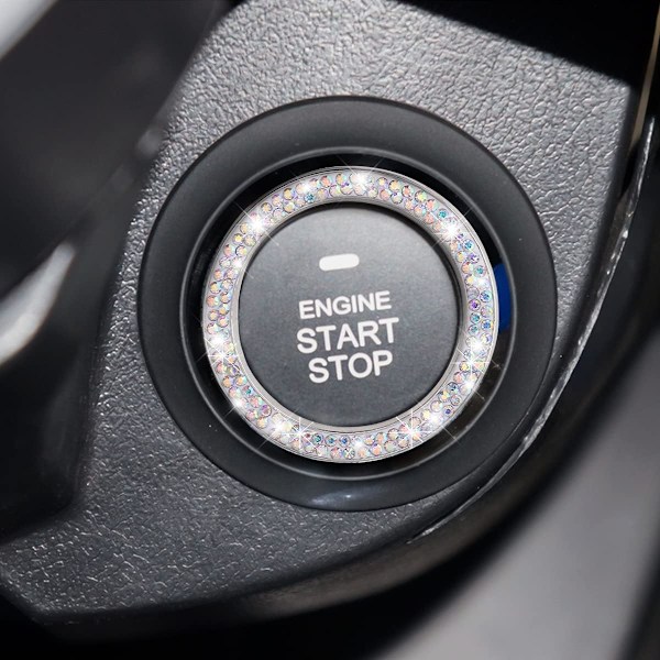 Bilbling Kristall Rhinestone Motorstart Ring Dekaler, 1 Enkelt Dräneringshål och 1 Dubbelt Dräneringshål Bilstartknappskydd (Silver)