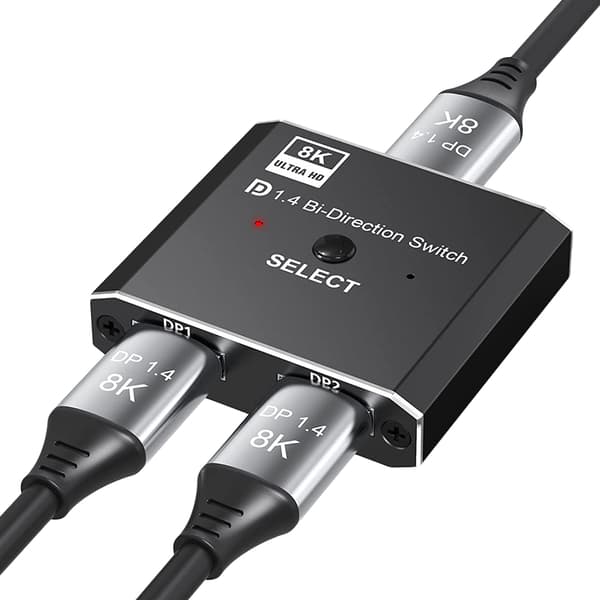 DP-switch version 1.4 8K@60Hz 1-til-2, 2-til-1, tovejs skifte- og distributionskonverter