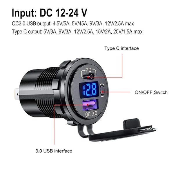 60W PD Type C/QC 3.0 USB-lader med knappbryter, LED-voltmeter, strømuttak, rask lading for 12V 24V bil, lastebil, motorsykkel, bobil 2