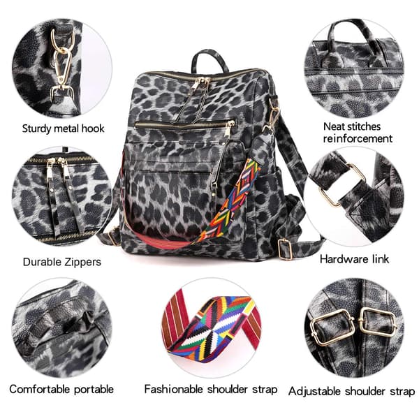 Dame Mode Rygsæk Tasker Multipurpose Design Håndtasker og Skuldertaske PU Læder Rejsetaske Leopard grå C