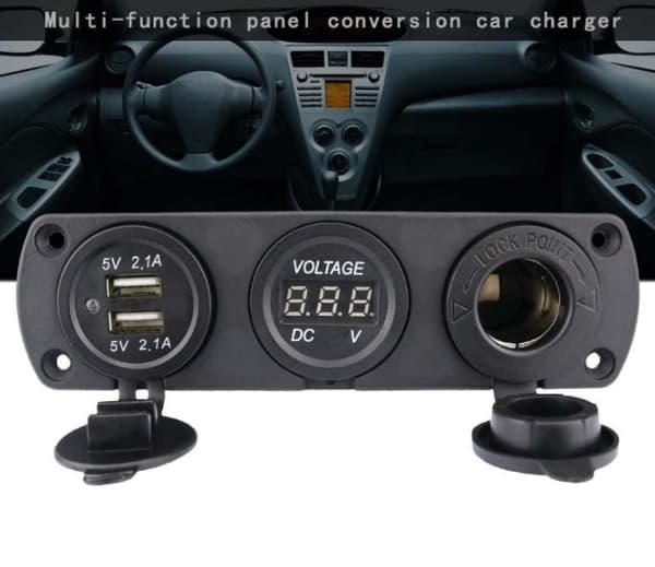 3-i-1 Billaderpanel 12V, Doble USB-porter, LED Voltmeter, Sigarettenneradapter Strømuttak