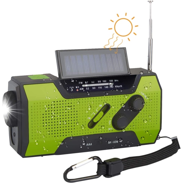 Handvev nödradio, bärbar solcellsmultifunktion utomhusradio med 2000 mAh power/ LED-ficklampa / SOS-larm (grön)