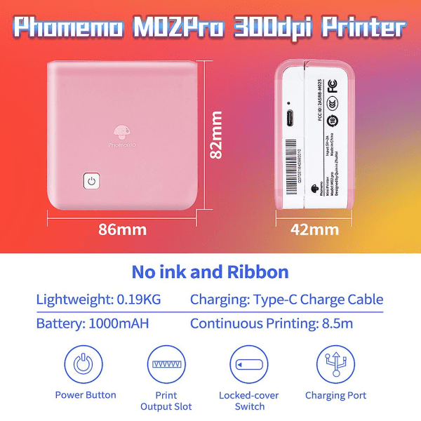 M02pro 300dpi lommeprinter Ios & Android Phone Miniprintere Transpaprent Paper Trådløs bærbare fotos Udskriv