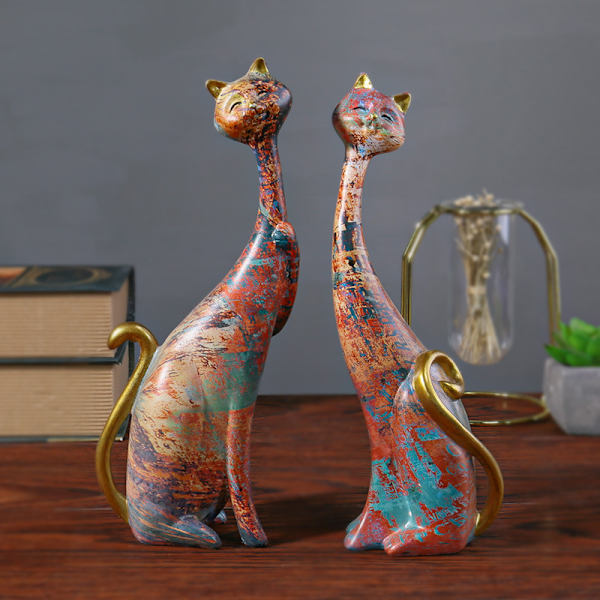 Två Oljemålning Konst Resin Skulptur Staty Cat Home Office Hote