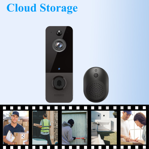 Trådløs dørklokke med 720P HD-kamera, WiFi-video, Night Vision, Tovejskommunikation, Cloud-Speiche