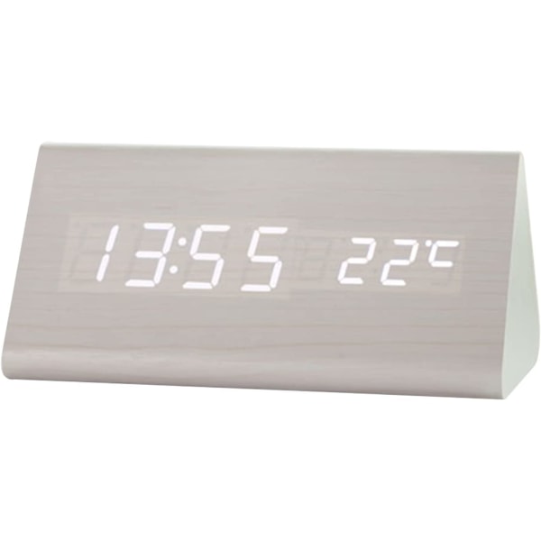 Triangelformad LED digital väckarklocka Digital väckarklocka med röststyrning, snooze-funktion, datum, temperatur och luftfuktighet (vit)