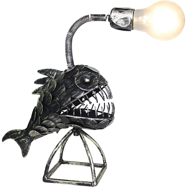 Creative Angler Lamp, Angler Fish Lamp Art Lamp, Retro Iron Art Shark Lamp, USB Fish Design LED Night Light, Bordslampa för heminredning(S)