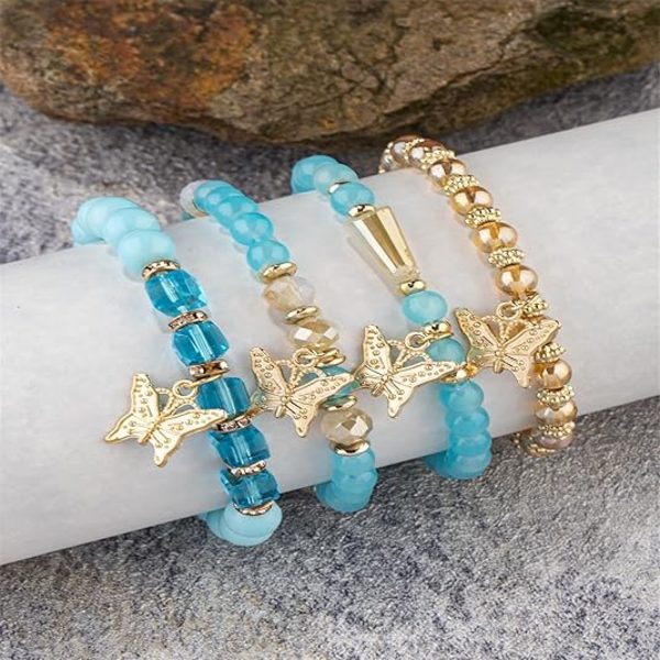 4 stk. Bohemian Butterfly Krystal Steng Armbånd til Kvinder Guld Perle Stabelbar Stræk Armbånd Farverig Charm