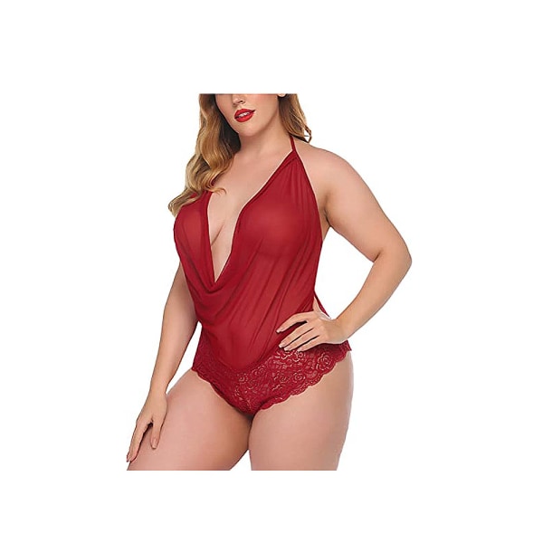 Kvinnlig Sexig Lingerie Teddy En Delig Spets Halter Babydoll Bodysuit (Röd, M)