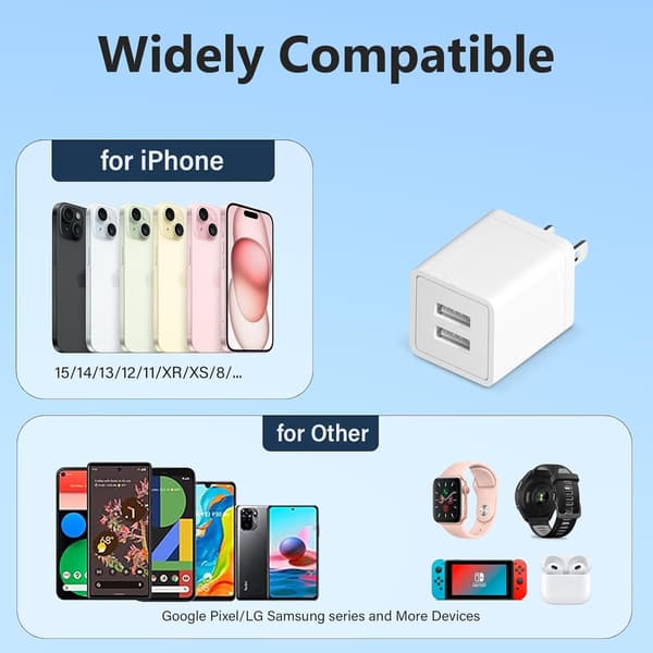 USB-laddare 2-pack, 5V 2.1A dubbla USB-A-portar, kompatibel med iPhone, Android-telefoner, smartklockor