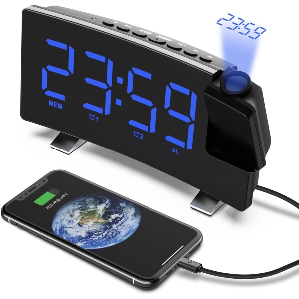 Projektionsklockradio, 180° takprojektionsväckarklocka, USB FM digital klocka med dubbla larm, insomningstimer, 12/24h, (blå)