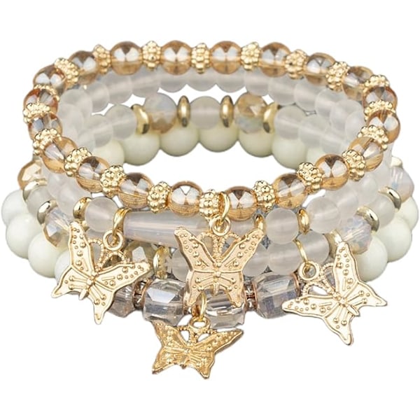 4 stk. Bohemian Butterfly Krystal Steng Armbånd til Kvinder Guld Perle Stabelbar Stræk Armbånd Farverig Charm