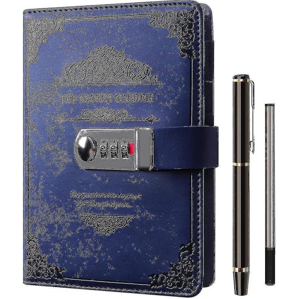 A5-dagbok med lås och penna, påfyllningsbar anteckningsbok med kombinationslås, vintage