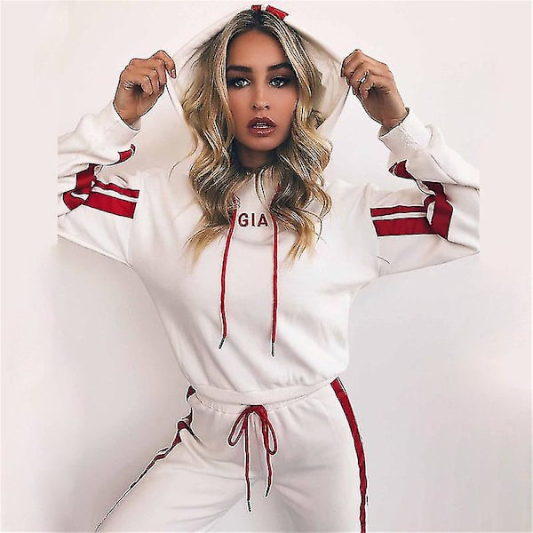 Dame Colorblock Tracksuit Sæt med Hættetrøje Joggingbukser Sportsdragt White S