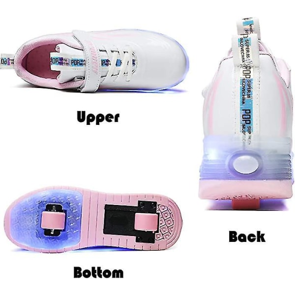 Spider Rulleskøyter Lys opp Sko med USB Ladbar Led Sports Sneaker For Gutter Jenter Barn Bursdag Beste gave White Pink 32