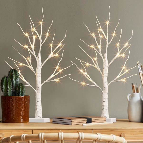 2 Pakke hvidt juletræ med lys 45cm Desktop Birch Varm hvid LED batteridrevet 2pcs