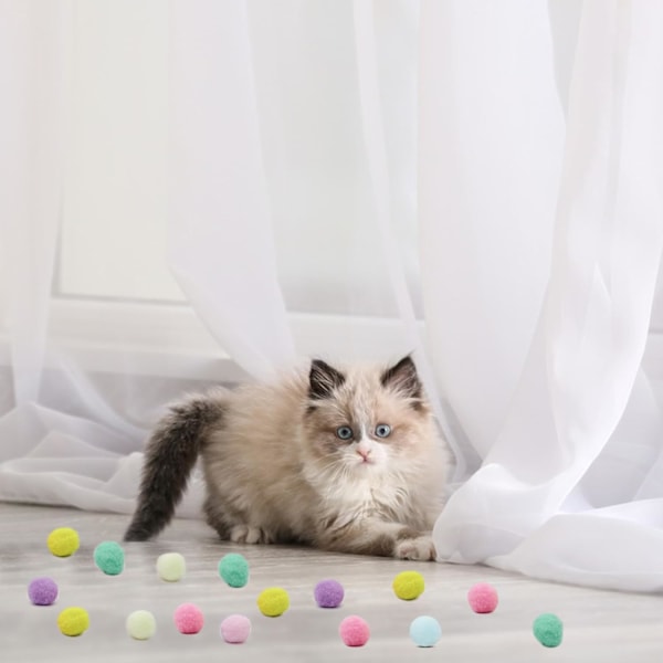 Kattbollset, 30 Plysch Katt Pom Poms och Plastkastare Set för Katter att Klia Interaktiva Katt Leksaker med Färgglada Mjuka Kattbollar för Innekatter 1