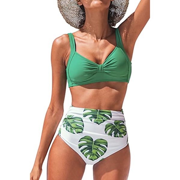 Dames Bikini Sweetheart Højtaljet Blomsterprint 2-delt Badetøj Grøn+Hvid (L)