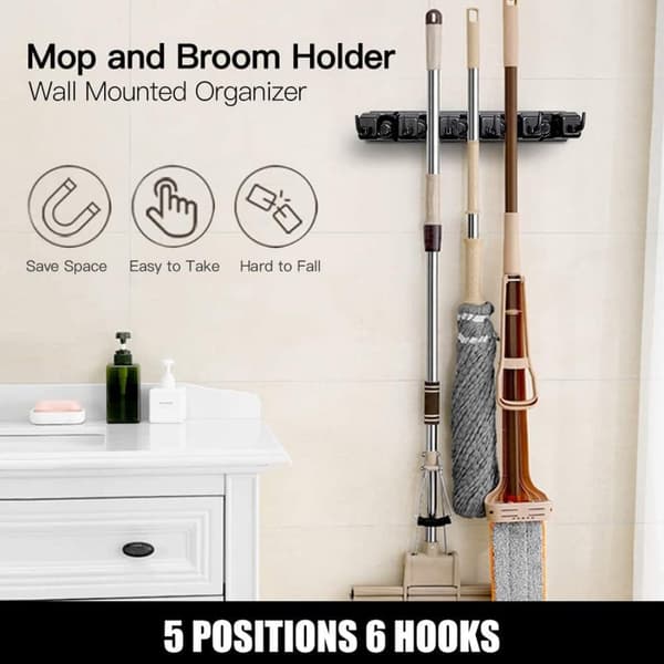 Moppstativ multifunksjonell organiseringshylle moppkrok baderom veggmontert mopp moppklips kortholder svart