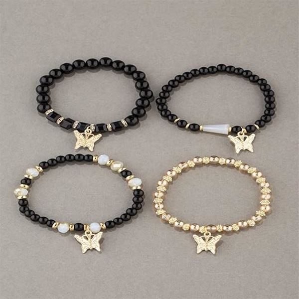 4 stk. Bohemian Butterfly Krystal Steng Armbånd til Kvinder Guld Perle Stabelbar Stræk Armbånd Farverig Charm